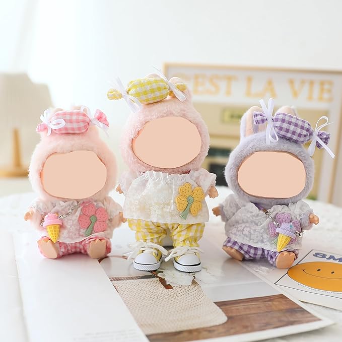 Clothes for Labubu Doll,Clothes for Dolls Accessories,Four-Leaf Clover Candy Summer Replacement Outfit Set 5 Pieces Suitable for Labubu 15&17cm ,Adorable Dress-Up Accessories for Doll (Purple)