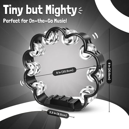 Flexzion Flower Tambourine - 8 Inch Handheld Percussion Instrument w/Metal Jingles & Ergonomic Grip - Small Tambourines for Adults, Kids, Church, Parties, & Musical Events (Black)