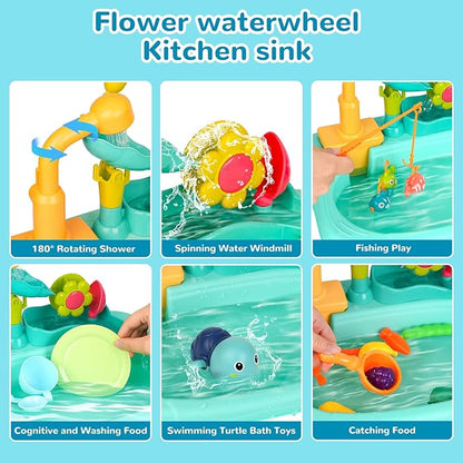 Kids Play Sink with Running Water, Mini Water Table, Water Toys, Upgraded Faucet and Play Dishes, Children Electric Dishwasher Playing Toy, Kitchen Sensory Toy Sets for Girls and Boys