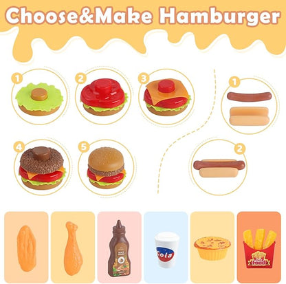 21 Pcs Toddler Hamburger Play Set, Pretend Play Cart Stall, Food Toys,with hot Dogs, Egg tarts, and Chicken Wings, for Children