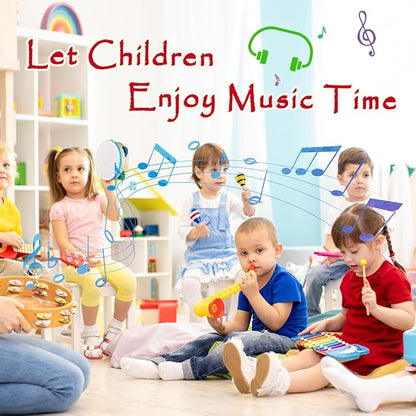 LOOIKOOS Toddler Musical Instruments Set Wooden Percussion Instruments Xylophone Toy for Kids Montessori Toys for 1 Year Old Boys Girls with Maracas Easter Eggs