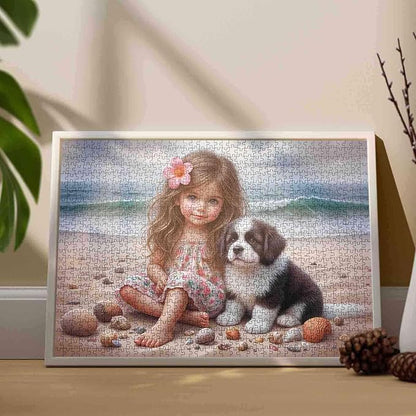 Tucocoo 1000 Piece Jigsaw Puzzle for Adults, Girl and Puppy on Seashell Beach – Ocean Artwork Puzzles, Floral Dress Coastal Art, Cute Dog Puzzle Gift for Women and Adults, Family Games Challenging