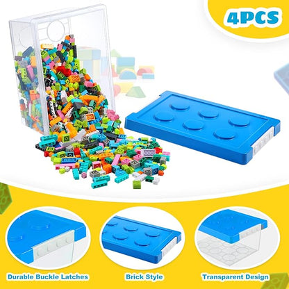 Vicenpal 4 Pack Toy Storage Containers with Lids Brick Shaped Kids Toy Organizer Box Plastic Clear Stackable Bin Chest for Building Block Dolls(Large,Red, Yellow, Blue, Green)