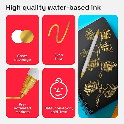ARTISTRO 5 Gold Dual Tip Brush + Fine Acrylic Paint Pens Ideal for Calligraphy - Paint Markers for Fabric, Rock, Glass, DIY - Stocking Stuffers, Christmas Gift Idea for Teens, Grandkids, Kids