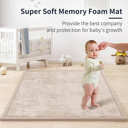 ACOMOPACK Baby Play Mat for Floor 1.3" Thick Memory Foam 50x50 Soft Velvet Playpen Mat for Kids,Infants,Toddlers,Tummy Time Crawling Mats with Non-Slip Bottom,Yoga,Tatami,Nursery Rug（Beige）