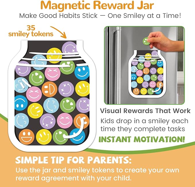 JJPRO Magnetic Daily Checklist for Kids with Smiley Faces Reward Jar- 10" x5.5“ Dry Erase List Board for Toddlers,Home Chore Chart for Fridge,Magnetic Reward Jar Positive Behavior Training -Yellow
