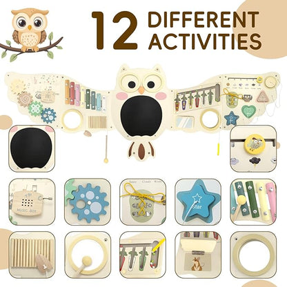 Owl Activity Wall Busy Board Panels, Montessori Sensory Toys, Toddler Learning Activity Center,Interactive Wooden Learning Toy for Toddler Playroom & Children's Daycare