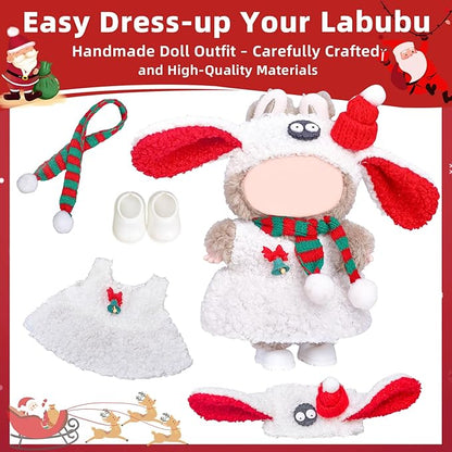 17cm Doll Clothes Designer Set-4 Piece Set Clothing for Dolls, Boys and Girls Stylish Adorable Outfits Clothes Accessories, Includes—Cute Sheep Hat + Plush Dress + Christmas Scarf + Shoes(Style E)