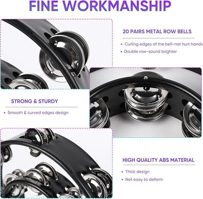 Tambourine Double Row Metal Jingles Bell Hand Held Percussion Half Moon Tambourines Musical Instrument for Adults Kids Party, KTV, Events, Church (Black)