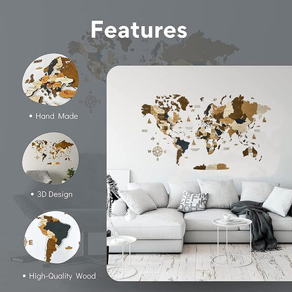 Wooden World Map 3D Art Large Wall Decor - Size (M & L & XL) Any Occasion Gift Idea - Wall Art For Home & Kitchen or Office (COFFEE, 83,86" x 44,49")