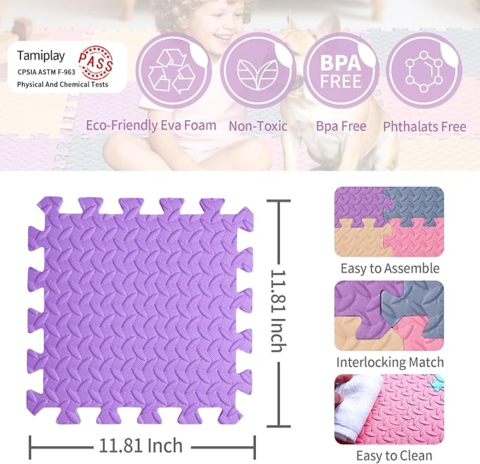 36 Tiles Foam Play Mat for Baby, 0.4 Inch Thick Foam Interlocking Floor Mats, Non-Toxic Baby Playmat, Solid Colored Puzzle Play Mat Kids Floor Mats for Toddler(Beige/Pink/Purple/Gray Blue)