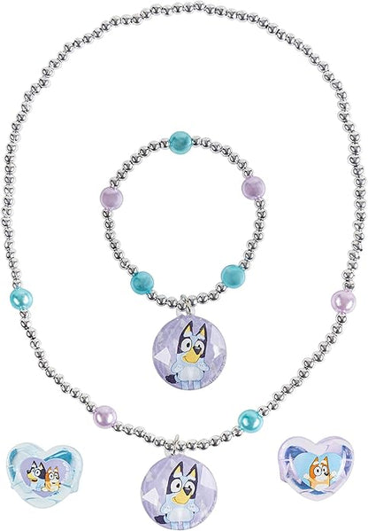 LUV HER Girls 4 Piece Costume Toy Jewelry Box Set with Silver Rings, Bead Bracelet and Necklace Ages 3+