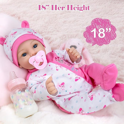 Aori Reborn Baby Dolls Girl - 18'' Realistic Newborn Baby Doll Girl with Pink Feeding Accessories - Lifelike Weighted Body for Role Play, Gift for Kids Ages 3+