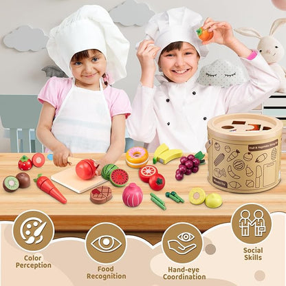 Wooden Play Food Sets for Kitchen Kids Velcro Fruits and Vegetables Cutting Toys for Toddlers Pretend Food Kitchen Accessories Playset Birthday for 3 4 5 6 Years Old Boys Girls