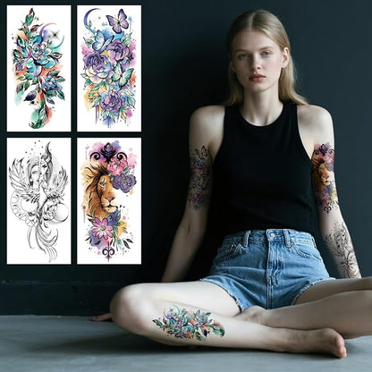 77 Sheets Nature Animal Temporary Tattoo for Women Men, 17 Sheets Half Arm Large Lion Flower Owl Fake Tattoos, 60 Sheets Butterfly Clock Black Tiny for Adult Kids Body Tattoos Stickers Realistic
