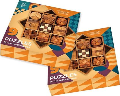 BSIRI 9 in 1 Wooden Brain Teaser Puzzles for Adults Teens and Kids Box Set for All Ages Wood Hard Level 10 Impossible Mind Wood Brain Teaser Games 3D Hand Puzzle Sets for Decoration and Mini Toys