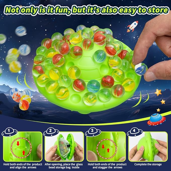 Marble Balancing Game for 1-4 Players with 60 Colorful Marbles & UFO Design - Built-in Storage Family Challenge, Fun Stacking Party Game for Kids Adults Ages 8-12, Perfect Holiday Birthday Gift