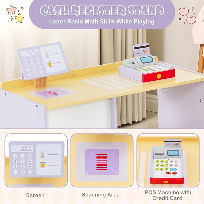 HONEY JOY Kids Grocery Store Playset, Wooden Supermarket Playset w/Cash Register & Vending Machine Toy, Blackboard, Checkout Counter Stand, Grocery Store Pretend Play for Toddler Boys Girls (Purple)