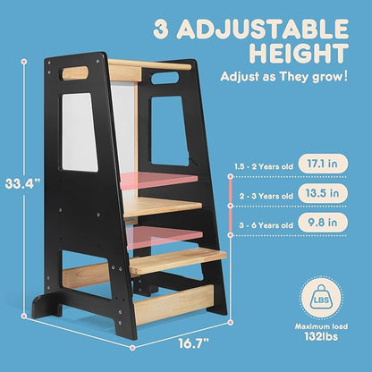 Toddler Kitchen Stools Helper with Adjustable Height and Anti-Slip Protection, Kids Standing Tower with Safety Rail, Kids Montessori Stool with Learning Chalkboard, Black