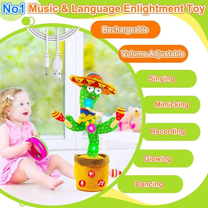Rechargeable Dancing Talking Cactus Toy w/Volume Adjustable, Cactus Baby Toy Repeat What You Say, Baby Toys for Boys Girls, Singing Mimicking Cactus Toy, Birthday or Chirstmas Gifts for Grandkids