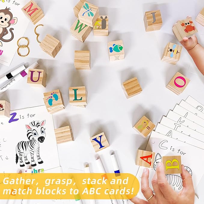 146 Pcs Baby Shower Game Sign Set Includes Decorative Square 56 DIY Blank Wooden Blocks 24 Paint Markers 27 Page Baby‘s First ABC Book (Flower)