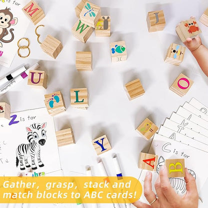 146 Pcs Baby Shower Game Sign Set Includes Decorative Square 56 DIY Blank Wooden Blocks 24 Paint Markers 27 Page Baby‘s First ABC Book (Leaf)