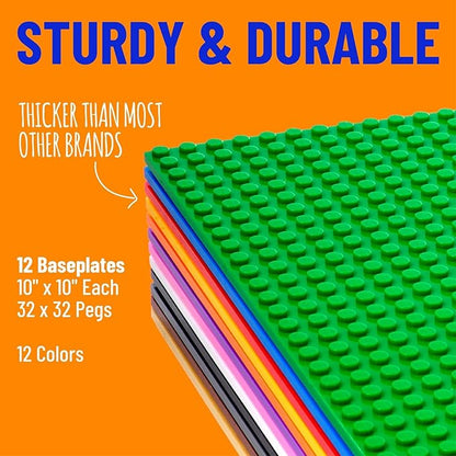 Strictly Briks Stackable Baseplates for Building Bricks - Compatible with Lego and All Major Brands - 10 x 10 in, Blue, 12 Pack