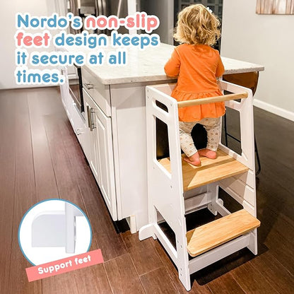 Toddler Kitchen Stools Helper with Adjustable Height and Anti-Slip Protection, Kids Standing Tower with Safety Rail, Kids Montessori Stool with Learning Chalkboard, Black