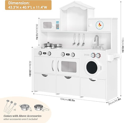 Keyluv Wooden Play Kitchen for Kids and Toddler, Montessori Toy Kitchen Playset with Plenty of Pretend Play Features and Storage Drawers, Gift for Boys and Girls, White