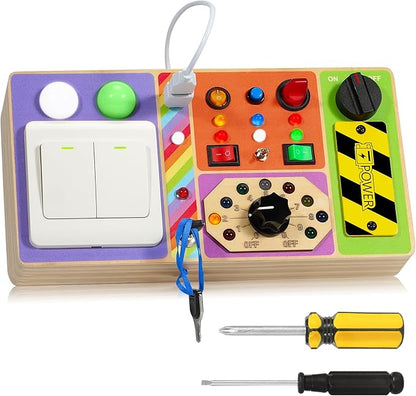 Busy Board Montessori Toys Wooden Sensory Board with 19 LED Light, Switch, Button Travel Activity Educational Learning Toddler Toys for 1-3 Year Old Boy and Girl