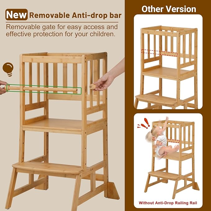 COSYLAND Toddler Standing Tower - Adjustable Height Toddler Kitchen Stool Helper - Kids Kitchen Step Stool for Learning with Removable Safety Railing Natural