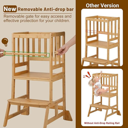 COSYLAND Toddler Standing Tower - Adjustable Height Toddler Kitchen Stool Helper - Kids Kitchen Step Stool for Learning with Removable Safety Railing Natural