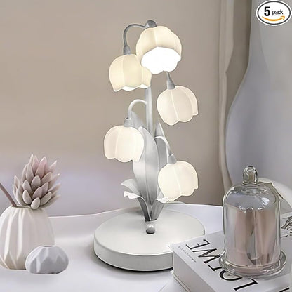 Flower Lamp for Home,Bedside Vintage Table Lamps,5 Lily of The Valley Reading Lights,3 Colors Modes Kawaii Bedside Lamp Decor,with G4 Bulb Nightstand Light for Living Room Office Bedroom (White)