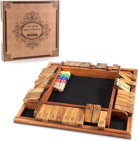 AMEROUS 1-4 Players Shut The Box Dice Game, Wooden Board Table Math Game with 12 Dice and Shut-The-Box Instructions for Kids Adults, Family Classroom Home or Pub (12 Inches)