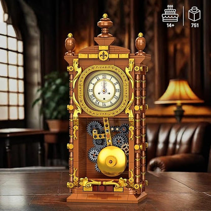 Vintage Swing Clock Building Blocks Set – 751 PCS Real Working Mechanical Clock with Alarm, Moving Pendulum & Rotating Dial, Retro Steampunk Decor Gift for Adults & Teens, Compatible with Lego Sets