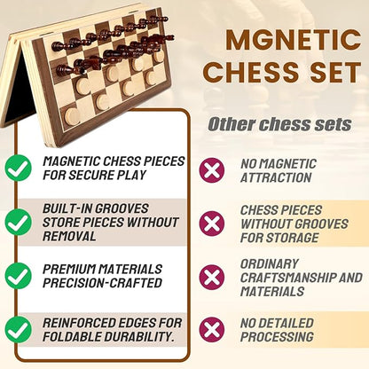LEAP Magnetic Wooden Chess Sets 15.5 inch Foldable Chess Board 3 inch King Height Chess Pieces, Upper Checker Storage Slots for Beginer, Adults