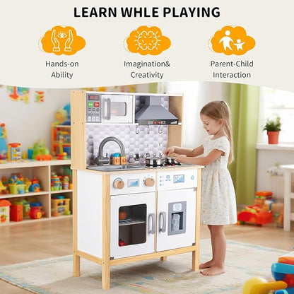 Wooden Play Kitchen for Kids – Pretend Play Kitchen Set with Cooking Accessories, Real Lights & Sounds | Chef Pretend Kitchen Playset for Toddlers, Wooden Kitchen Set with 6 Pcs Toy Food