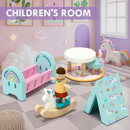 Lehoo Castle Wooden Dollhouse Furniture Set 39 Pcs with 5 Rooms, Family Dolls & Pets, All-Wooden Doll House Accessories and Furniture, Pretend Play Dollhouse Accessories Toy Gift for Kids 3+