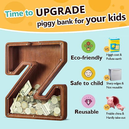 Summidate Customized Name Large Wooden Piggy Bank for Kids Boys Girls Alphabets Letter A-Z Coins Bills Money Change Bank Box Initial on Clear Cover (Laser Engraved) (Alphabet-Z, Personalized-12)