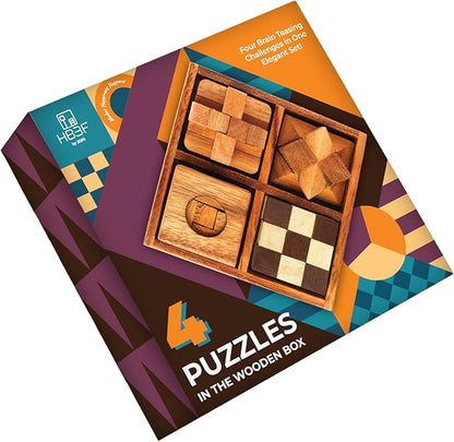 BSIRI Wooden Puzzle Box Set (4 Games) - Challenging Brain Teasers 3D Puzzles for Adults, Interlocking Games for IQ Test. Ideal for Rustic Patio Decor, Unique Gift for Christmas and Birthdays