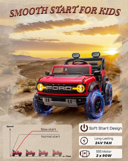 Ford Bronco 24V Ride on Toys for Boys & Girls, 2 Seater Kids Electric Car with Remote Control, Kids Ride on Truck with 4 Wheels Suspension, Led Lights, Safety Belt (24V, Red)
