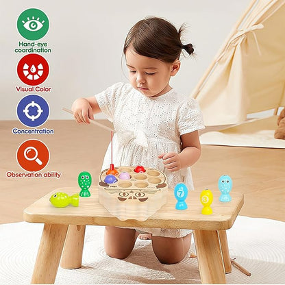 Wooden Magnetic Fishing Game for Toddlers 3-5,Montessori Preschool Education Activities Learning Fine Motor Skills Color Sorting Magnet Fish Toys Easter Gift for Boys Girls