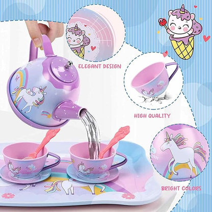 19Pcs Unicorn Tea Party Set – Birthday Gift for Girls Ages 3-6, Princess Pretend Play Kitchen Toy with Tin Tea Set