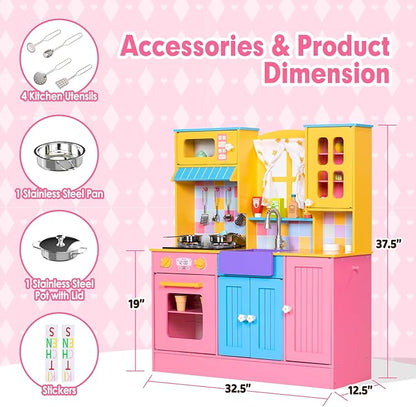 Kids Kitchen Playset, Wooden Pretend Play Kitchen for Kids w/Faucet, Sink, Stove, Oven, Curtains, Cookware, Storage Cabinets, Toddler Role Play Toy Kitchen Set Gift for Girls Boys Ages 3+