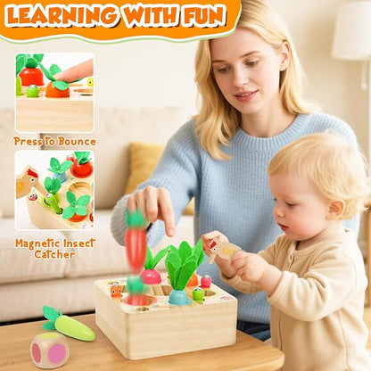 XPIY Montessori Toys for 1 Year Old, Carrots Harvest Wooden Baby Toys for 6-12 Months Educational Shape Sorting Matching Toys Fine Motor Skill, Gift for Kids Easter (Bug Catching Bouncing Carrot)