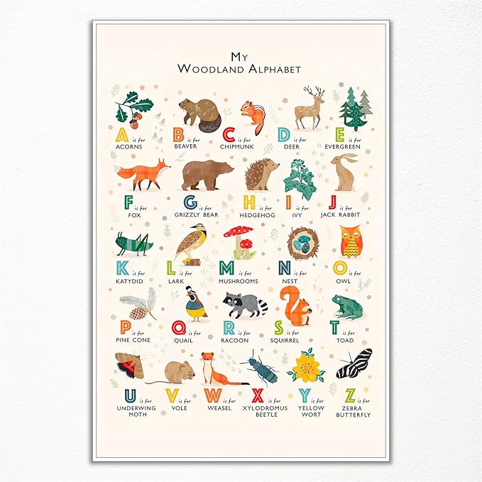 Alphabet Woodland Animal Poster for Toddlers - Educational Learning Poster for Wall, Classroom & Nursery - 24x36in Unframed