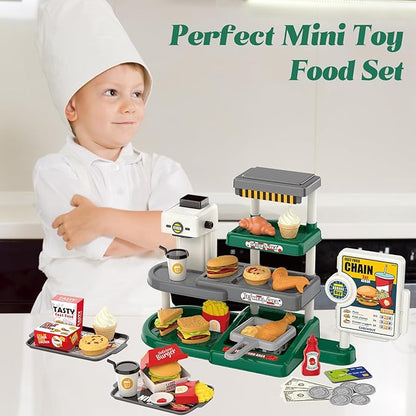 Kids Fast Food Pretend Play Set with Realistic Coffee Maker, Card Reader, Cash Register, Play Food (Burger, Fries, Sandwich), Play Money - Educational Toy Kitchen for Ages 3+