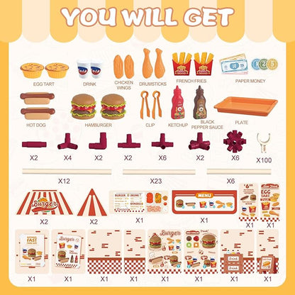 21 Pcs Toddler Hamburger Play Set, Pretend Play Cart Stall, Food Toys,with hot Dogs, Egg tarts, and Chicken Wings, for Children