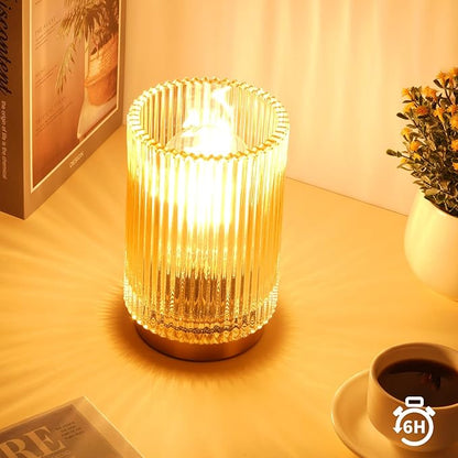 Battery Operated Lamp, Cordless Table Lamp with Timer, Desk Bedside Lamps with LED Warm Light, Glass Small Table Lamp for Bedroom, Bathroom, Living Room, Home Decor - Amber