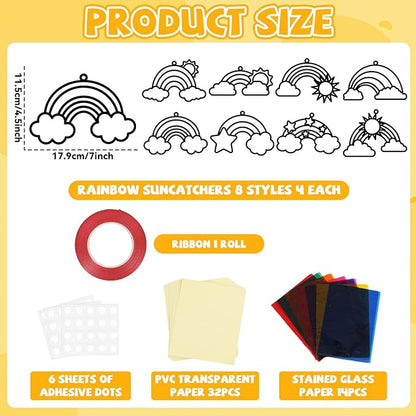 QOUBAI 32 Sets Rainbow Suncatchers Craft Kit DIY Window Stained Glass Effect Planet Rainbow Sun Paper Crafts Home School Classroom Decoration Kid Birthday Gift Creative Art Project Activity Game